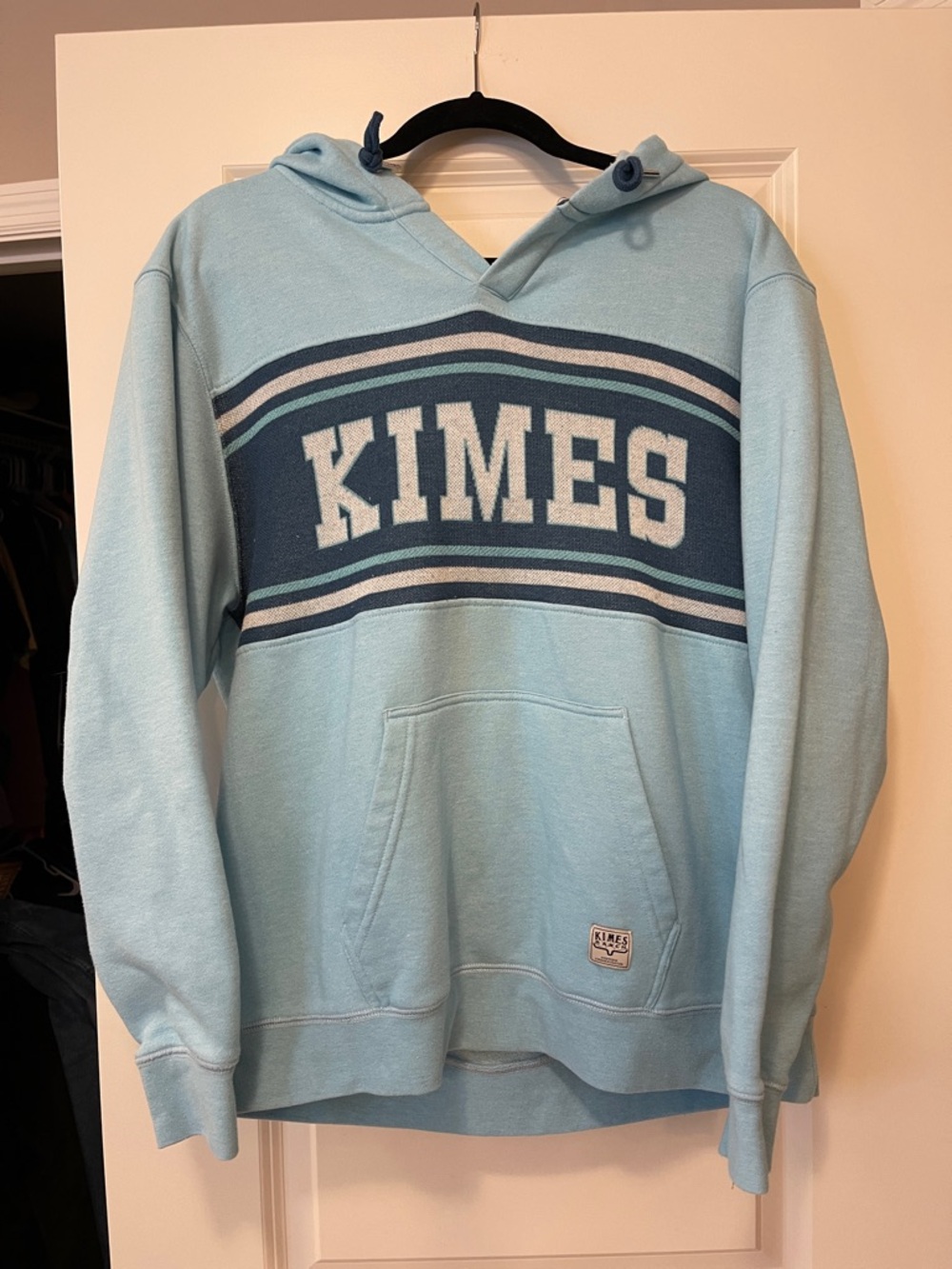 Kimes Ranch Light Blue Crewneck Hoodie with Navy Stripe Logo